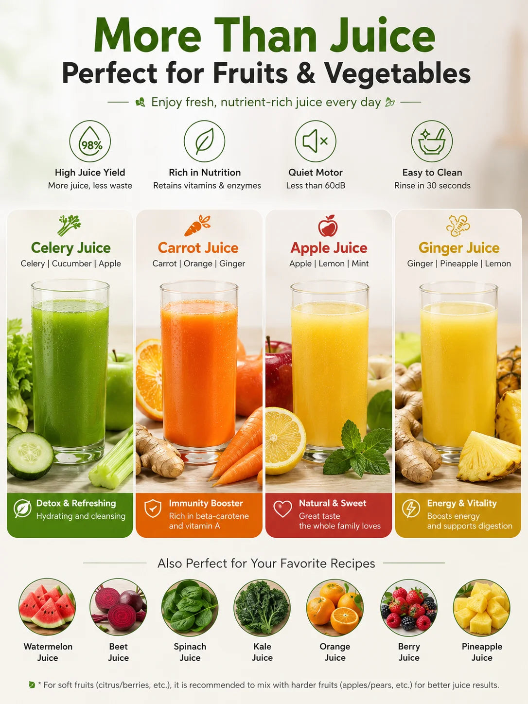 Slow Masticating Cold Press Juicer Reverse Function BPA-Free Quiet Easy Clean High Yield Fruit Vegetable Juice Extractor Home