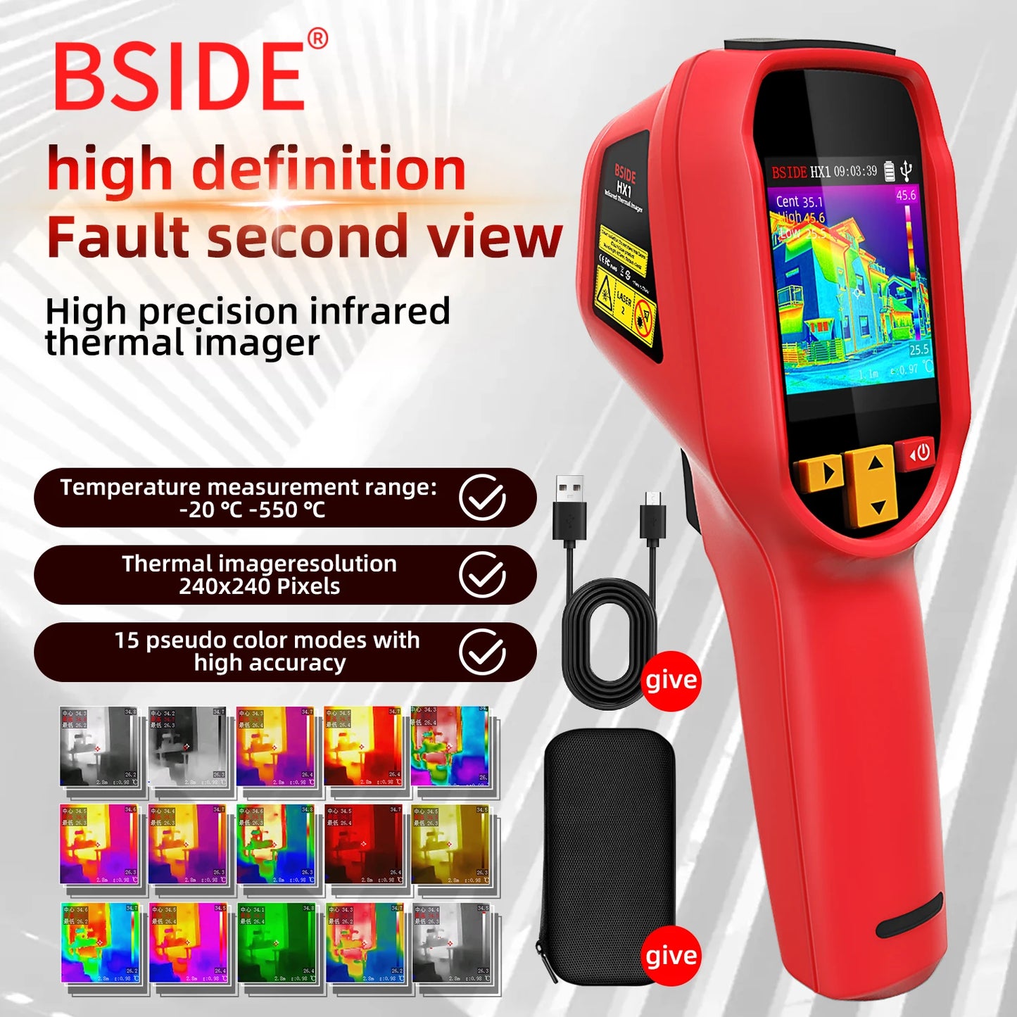 HX1 Thermal Imager Camera Professional Handheld 240×240 Resolution -20~550C 15 Color Palette Save Pictures PC analysis software