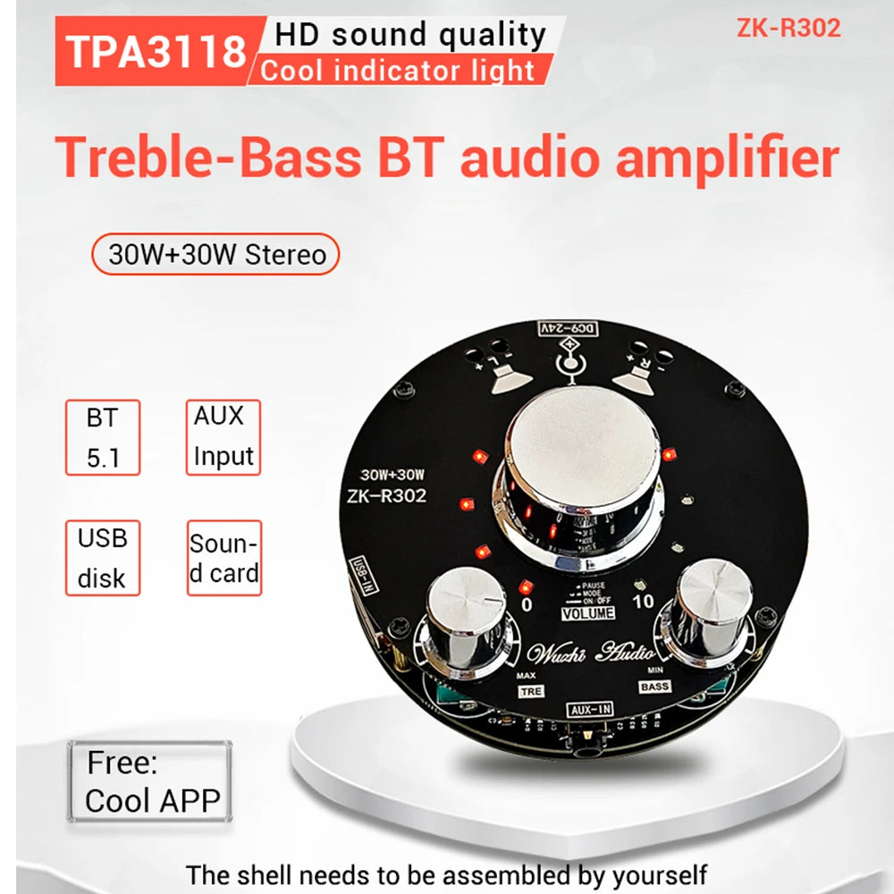 ZK-R302 cool volume indicator bluetooth audio power amplifier board module TPA3118 high and low bass adjustment 30WX2