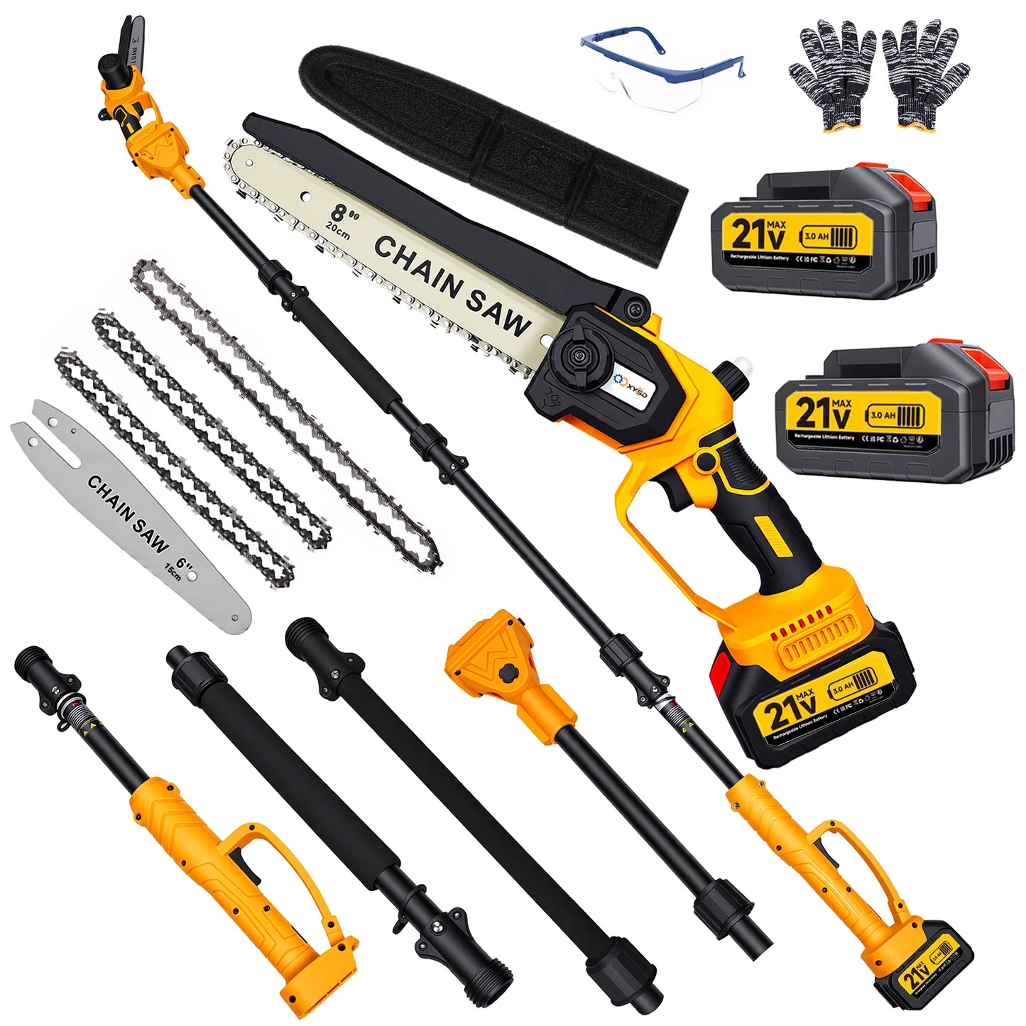 2-in-1 Electric Pole Saws, 6"&8"Cordless Power Saw with Extension Pole, Two 21V 3.0Ah Batteries for Wood Cutting/Tree Trimming