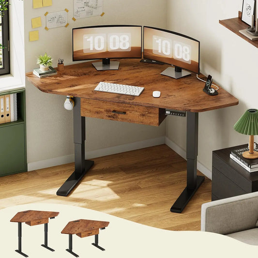 32" Electric Corner Height Adjustable Desk with Drawer, Small Gaming & Office Workstation, Rustic Brown, Customized