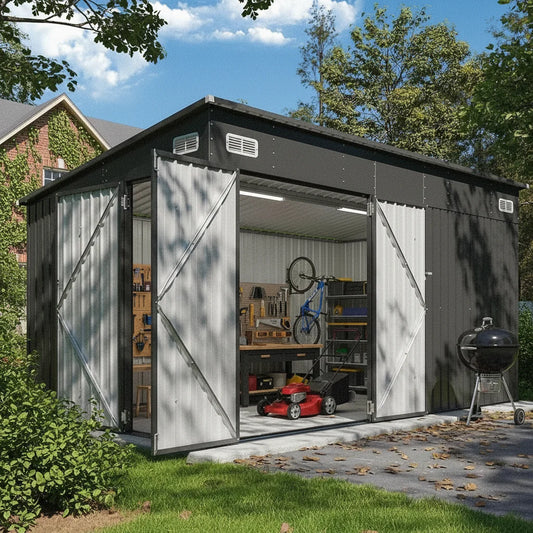 8x10 Metal Outdoor Storage Shed Triple Doors Dual Lock Sloped Roof Galvanized Steel for Mower Bike Garden Tools, Custom