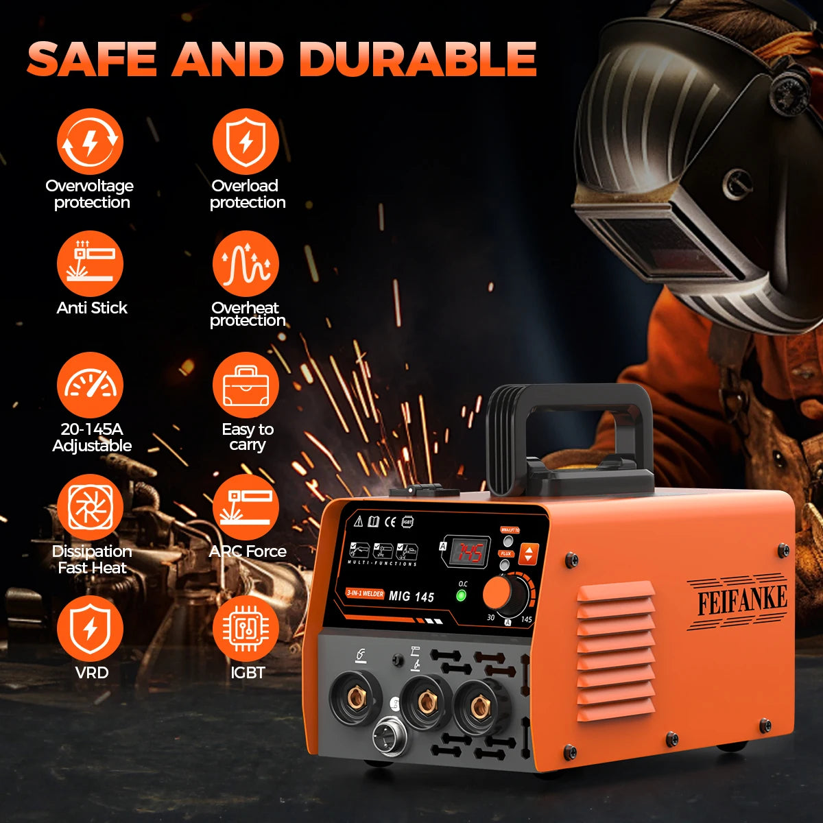145A Flux Core MIG Welder110V Gasless Flux Core/Lift TIG/Stick 3 in 1 Portable Mini Welding Machine for Beginner