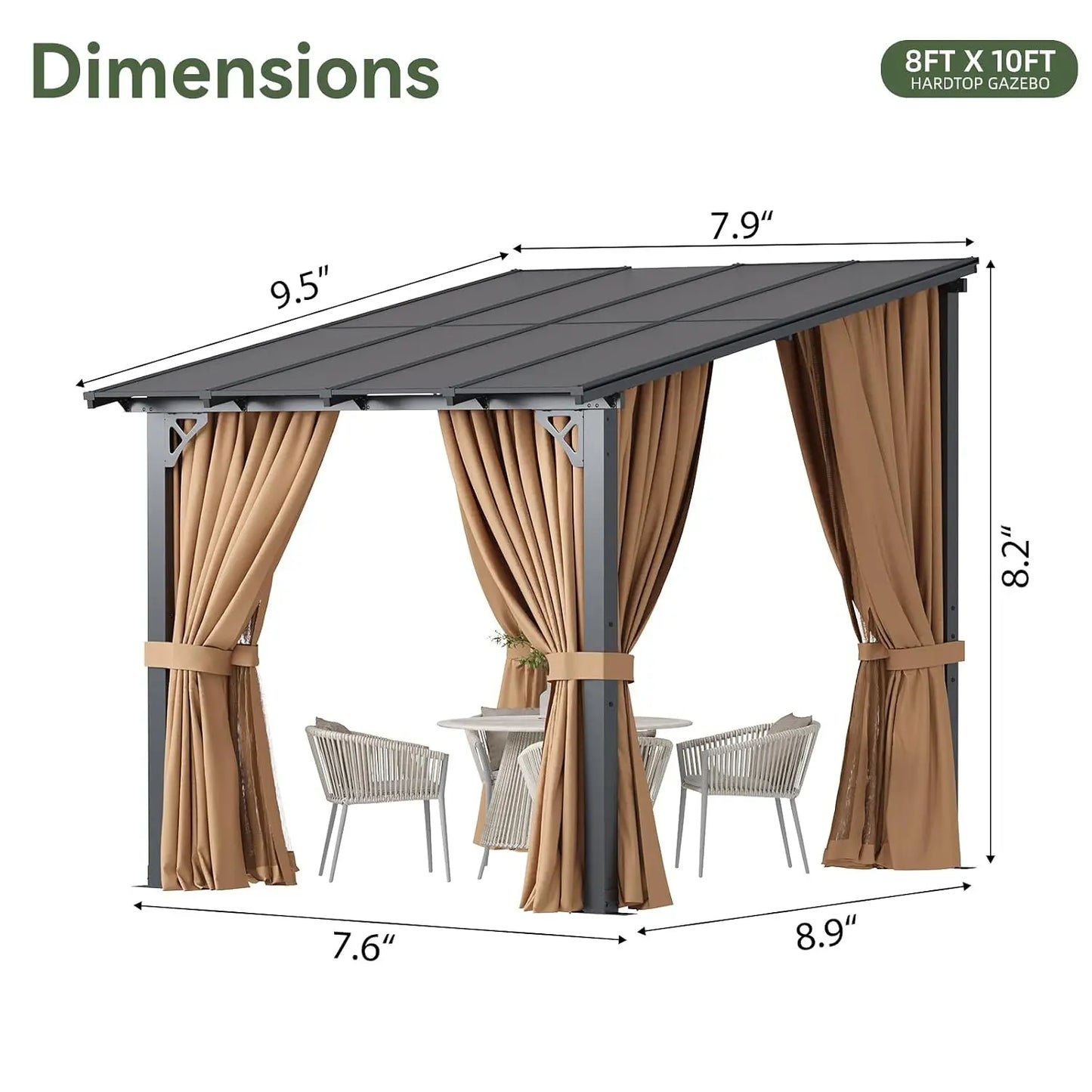 8x10ft Aluminum Lean-to Gazebo, Mosquito Net, Curtains, Polycarbonate Panel & Wall Mounted Pergola, Custom