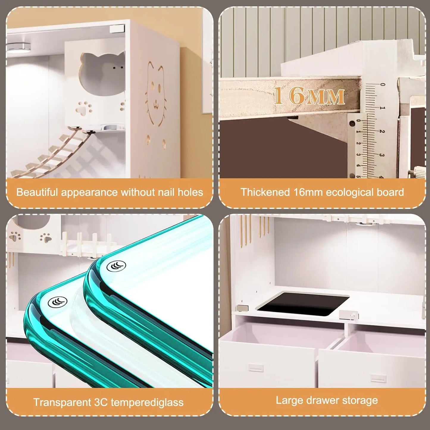 Large Wooden Cat Enclosure Indoor Villa Drawer Wheels Glass Doors 57x36x24 White, Customized
