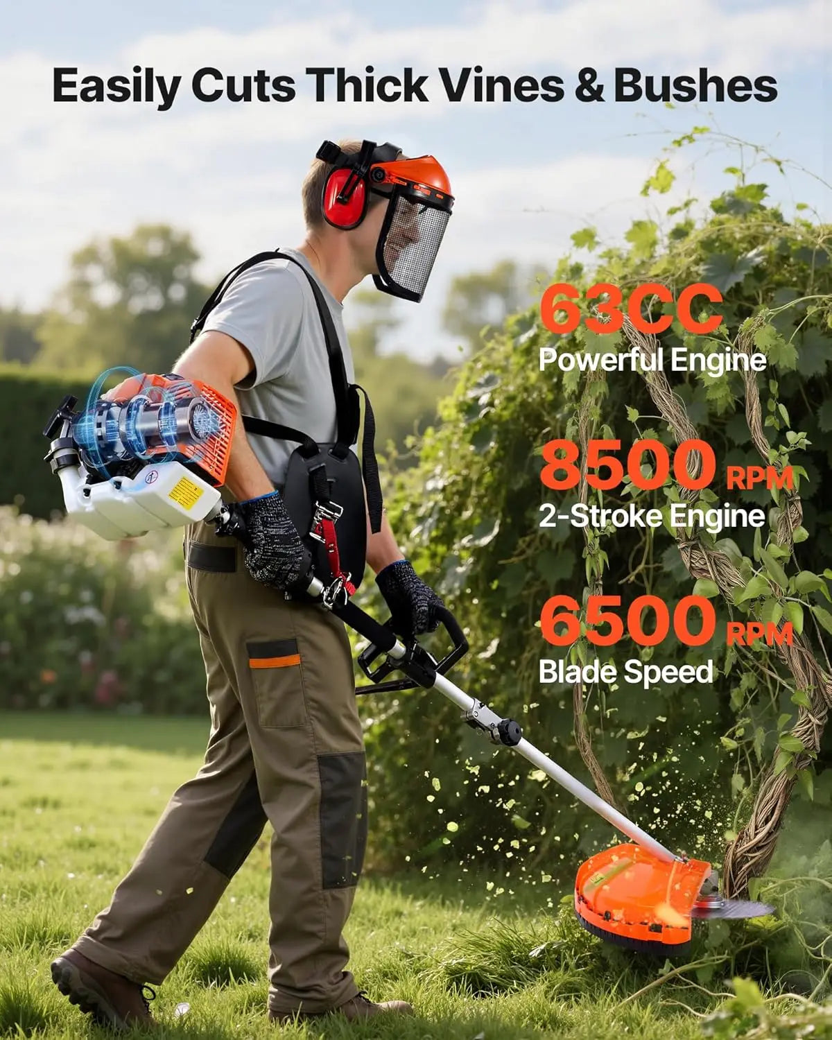 Gas Hedge Trimmer, 2 Cycle Gas Power Handheld Hedge Trimmer, 5-in-1 63cc Cordless Weed Eater with Protective Gear Set
