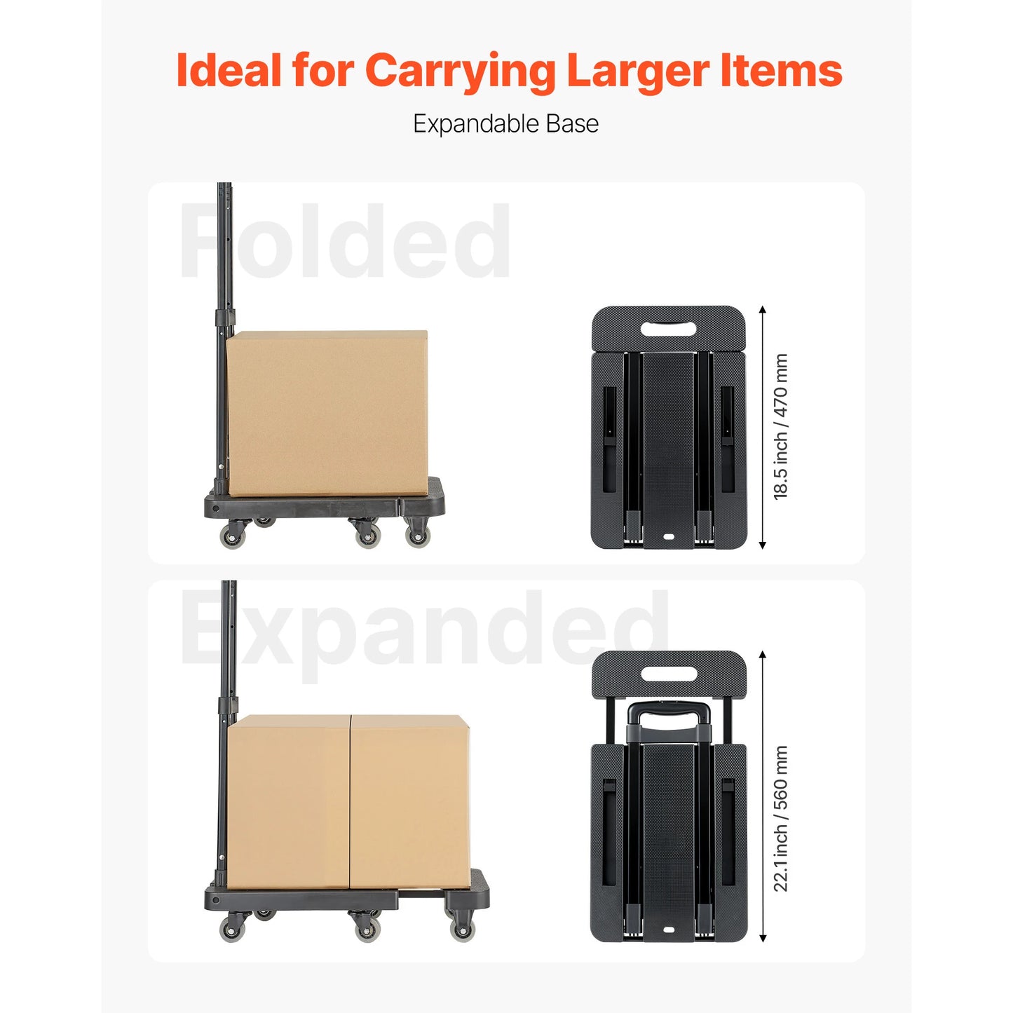 SucceBuy Folding Hand Truck 500 lbs Load Capacity Collapsible Luggage Cart with 6 Wheels 2 Elastic Ropes & Expandable Base Black