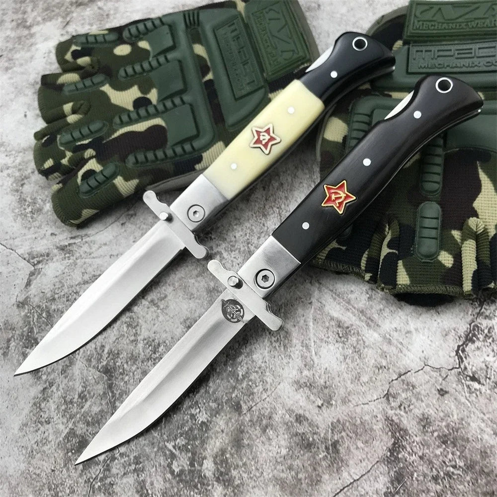 NKVD Tactical Folding Knife, Water Drop Mirror Blade, Beige Resin/Black Ebony Handle, with Nylon Sheath Outdoor Hunting EDC Tool