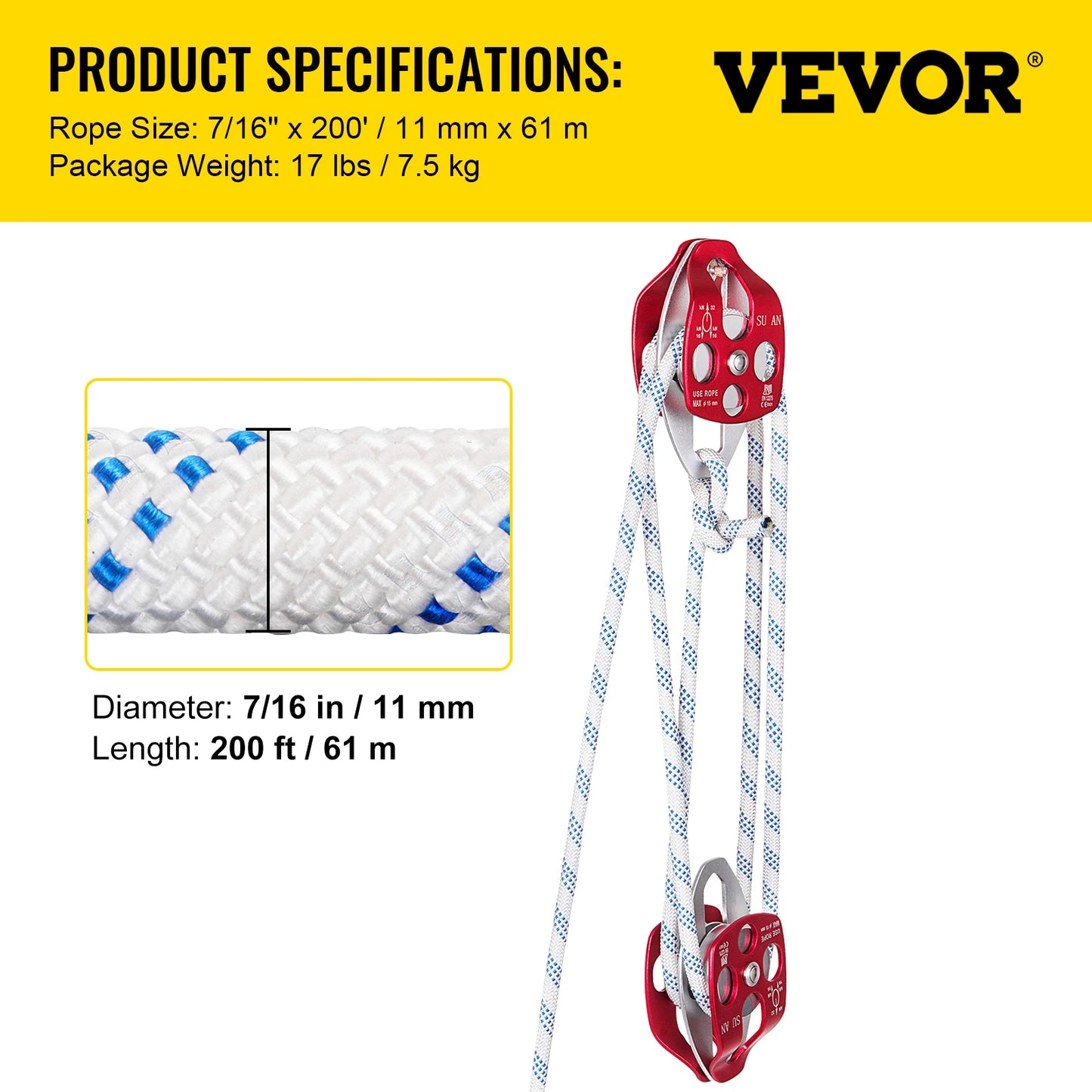 SucceBuy 6600lbs 7700lbs Twin Sheave Block and Tackle Heavy Duty Pulley 7/16InchDouble BraidRope for Outdoor Rescue TreeClimbing