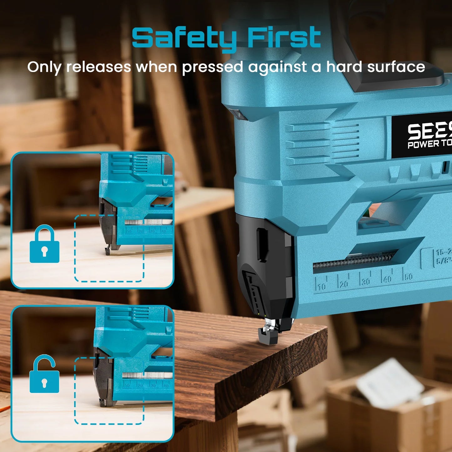 SEESII 18 Gauge Cordless Brad Nail Gun 1000 Brad Nails Cordless Stapler Framing Nailer Furniture Power Tool With 2pcs Battery