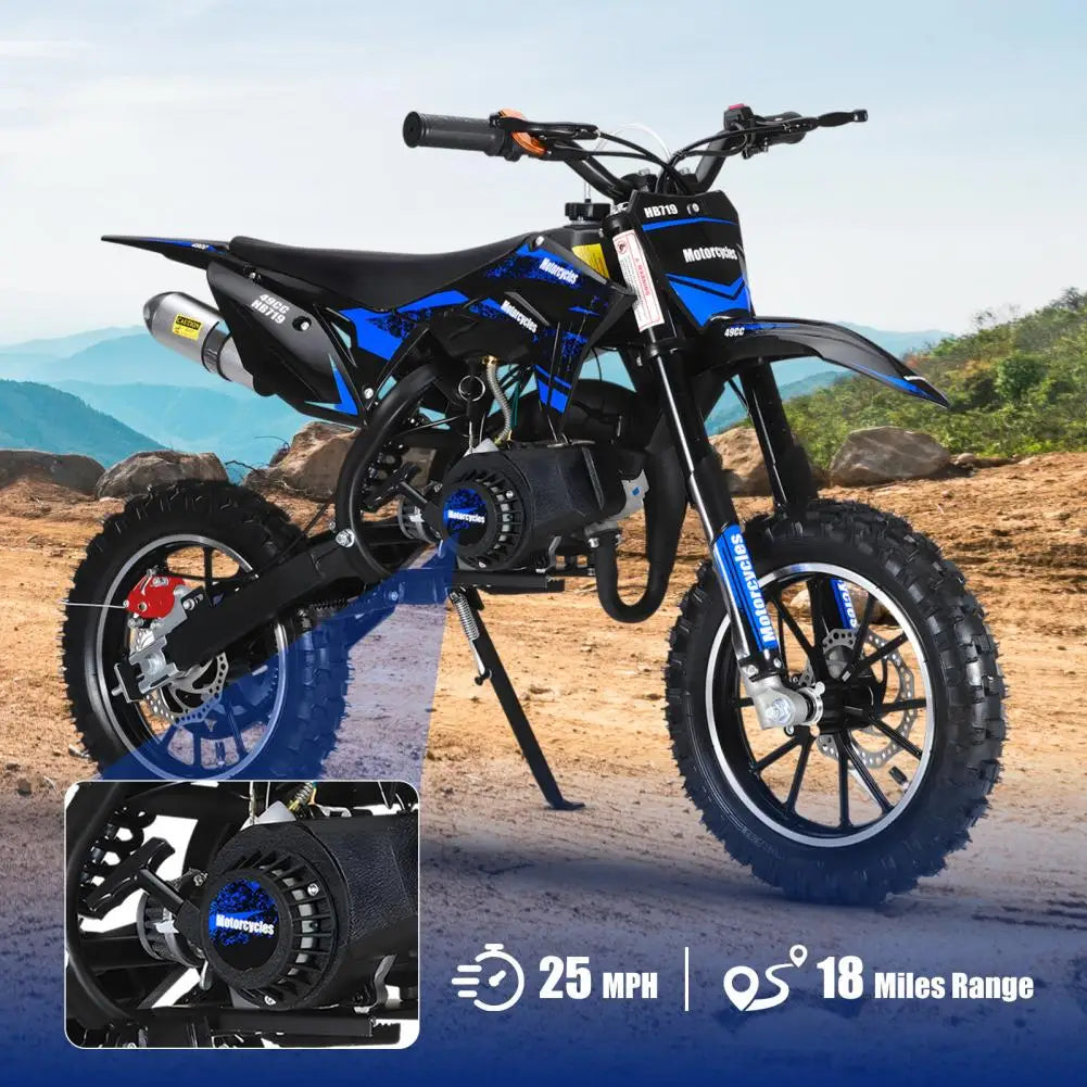 (Maximum load 330lb)Mini 49CC two-stroke gasoline motorcycle, anti-skid tires, front and rear wheel brakes, shock absorbers
