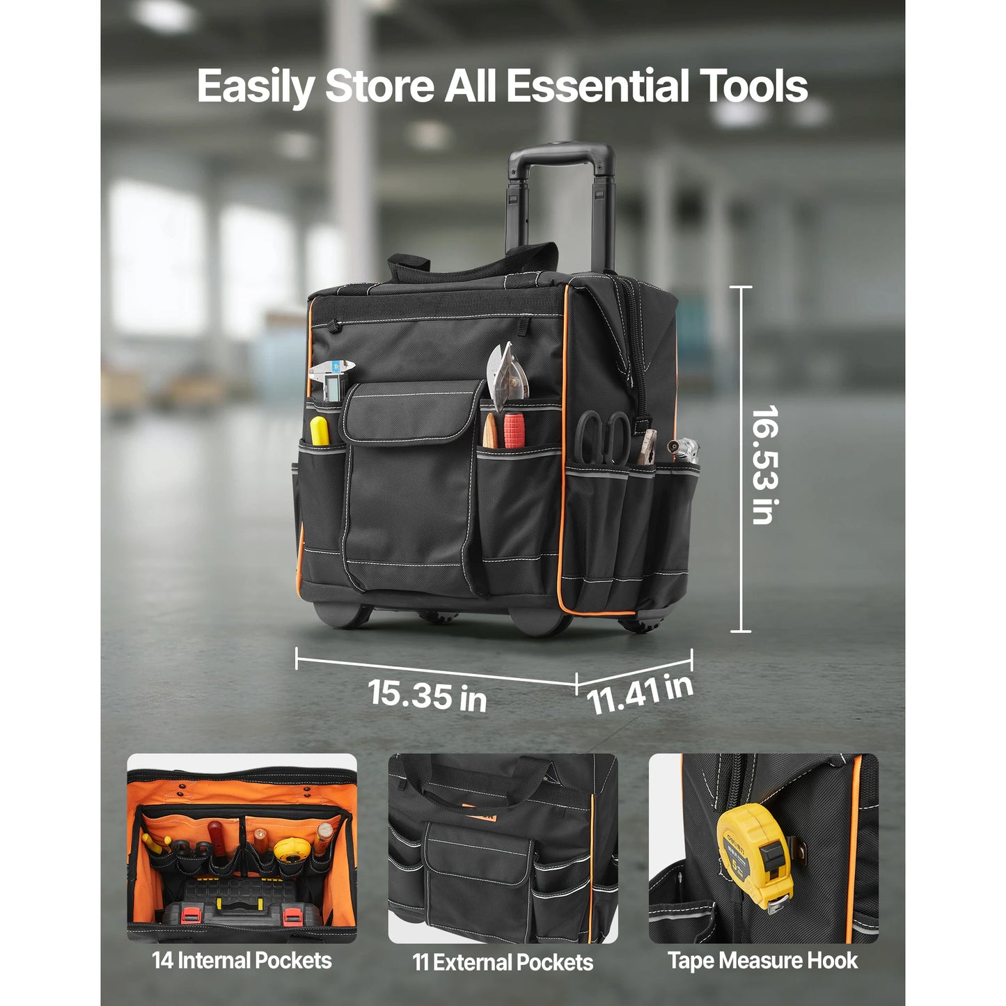 SucceBuy 110Lbs Rolling Tool Bag 25 Pockets Roller Tool Bag on Wheels with Telescoping Handle Toolbag Organizers for Mechanic