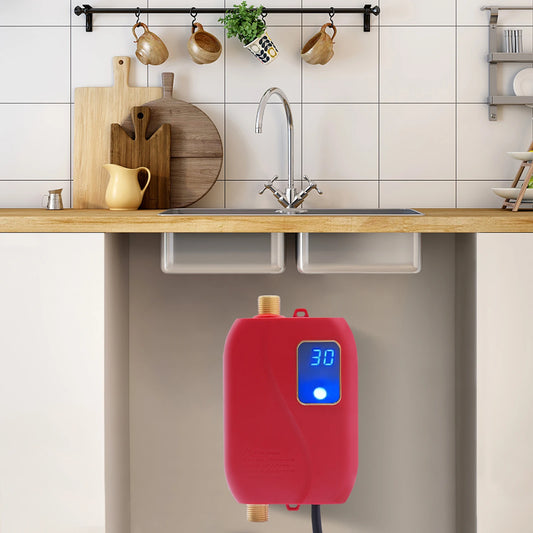 3000W Instant Water Heater 68-122℉ Kitchen Mini Electric Water Heater with Digital Display Red Tankless Water Heater