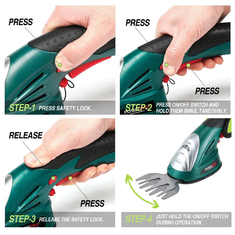 7.2V Pruning Shears 2in1 Cordless Grass Hedge Trimmer Battery Rechargeable Shear Hedger PGHT7.2 Cordless Garden Tool POSENPRO