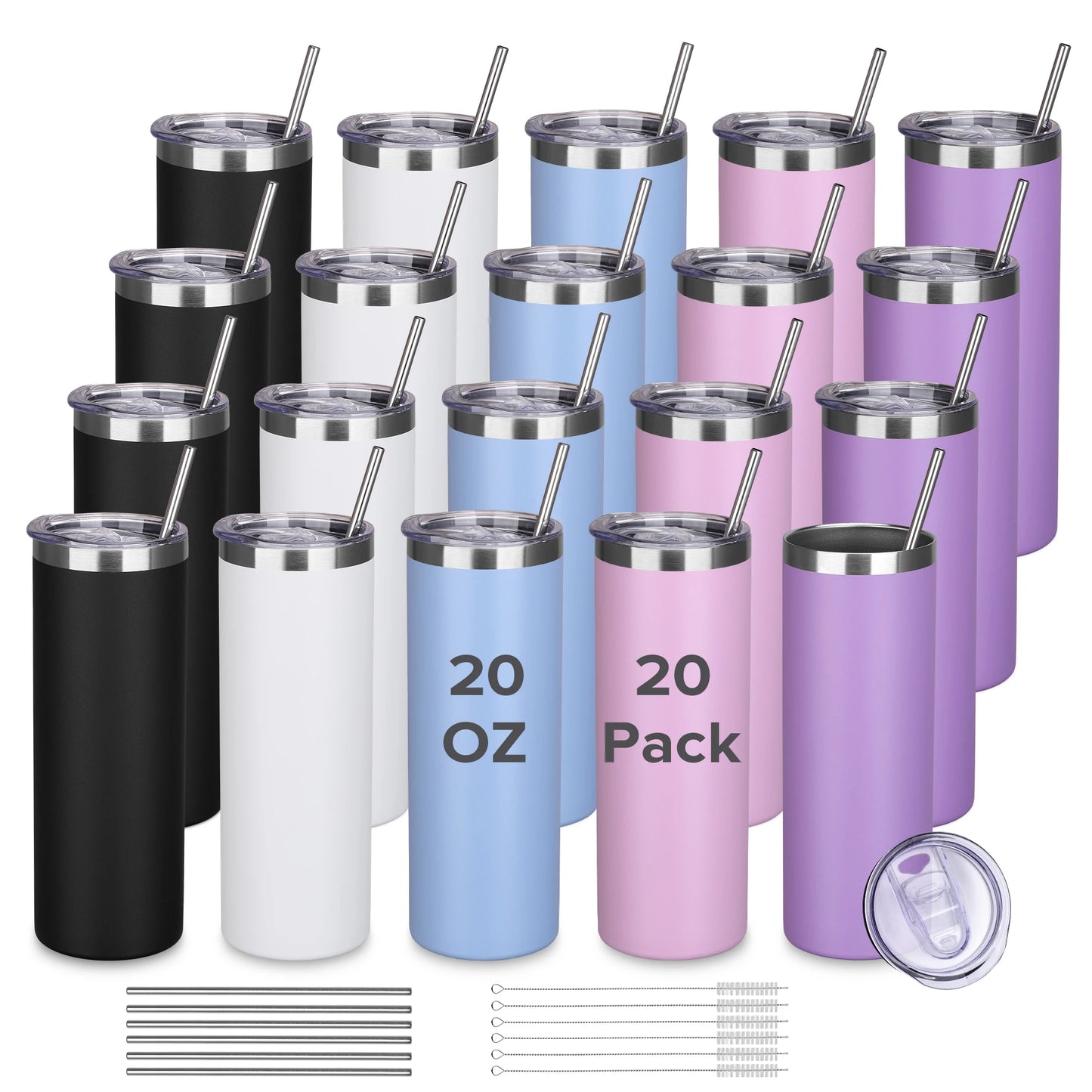 20 Pack 20 oz Skinny Powder Coated Stainless Steel Insulated Slim Tumbler,with Lid and Straw ,for Laser Engrave,DIY Gift