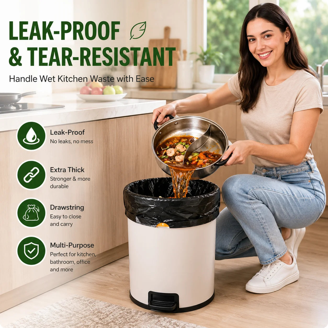 Joybos Easy Pull Drawstring Trash Bags, Thickened PE Kitchen & Bathroom Garbage Bags, 2 Packs 150 Count