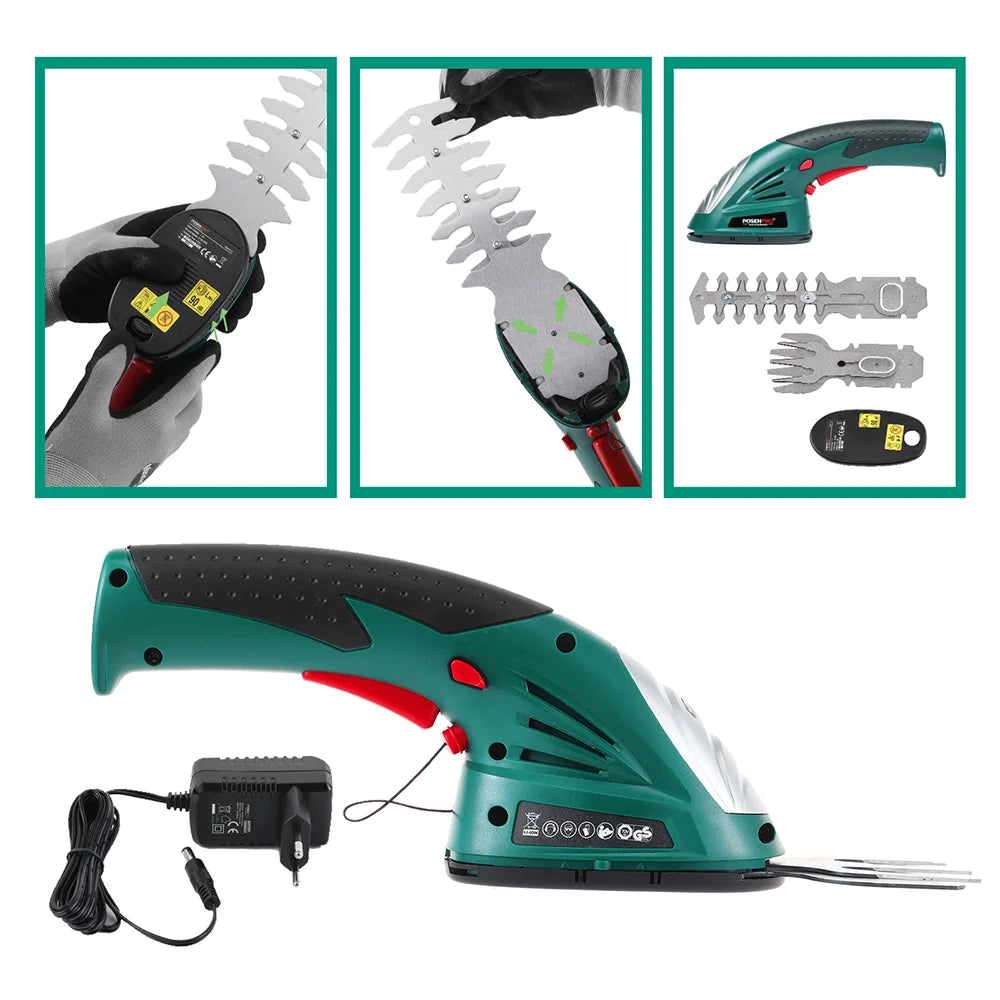 7.2V Pruning Shears 2in1 Cordless Grass Hedge Trimmer Battery Rechargeable Shear Hedger PGHT7.2 Cordless Garden Tool POSENPRO