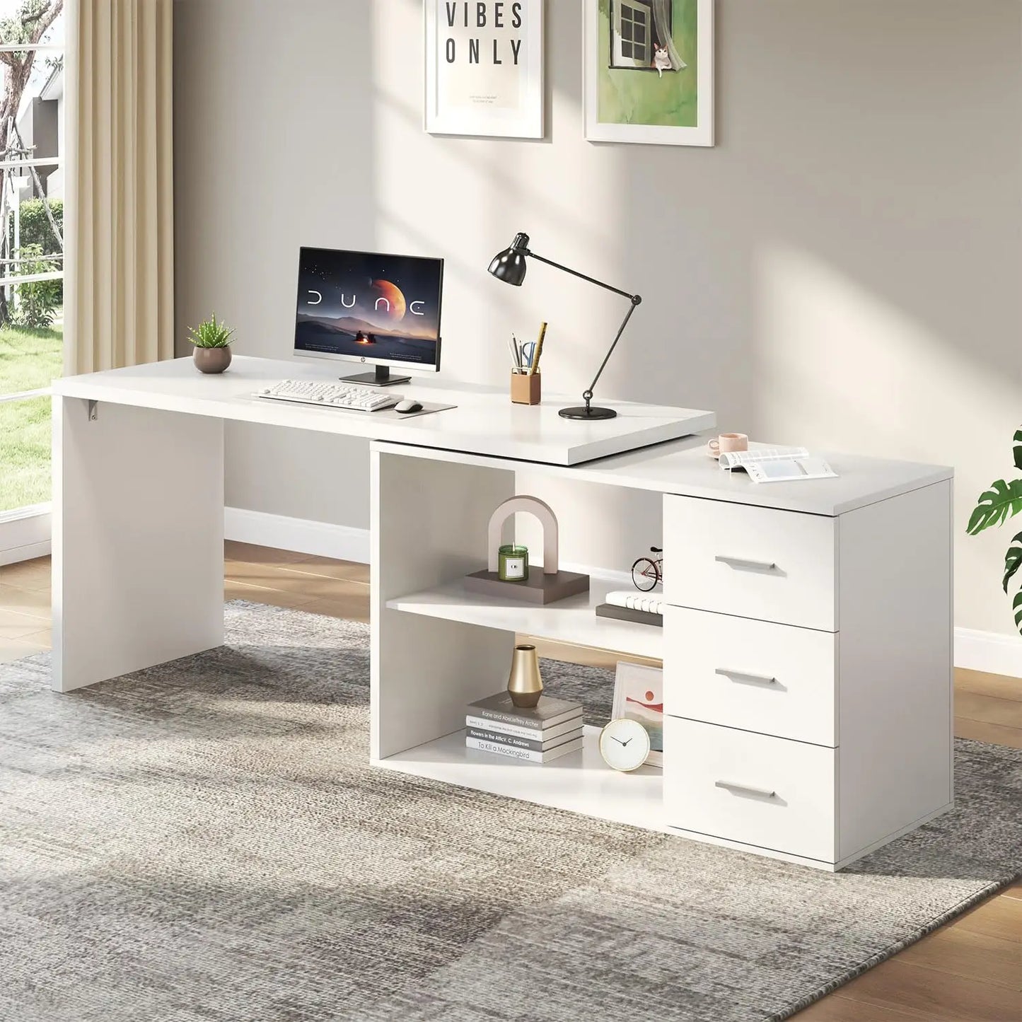 White L Shaped Desk with Drawers Shelves, 360 Rotating Office Computer Desk with Storage Cabinet, Corner Home, Customized