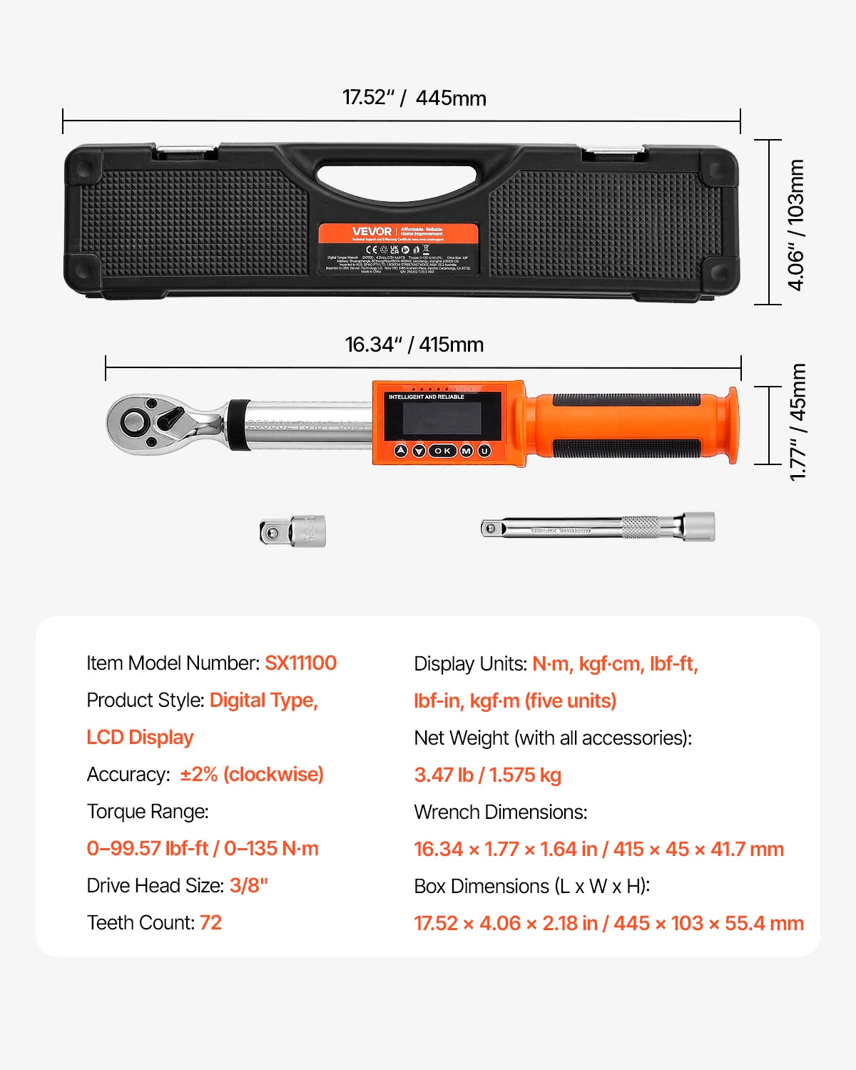 SucceBuy Digital Torque Wrench 72-Tooth ±2% High Accuracy Electronic Torque Wrench Preset Value Buzzer and LED Notification