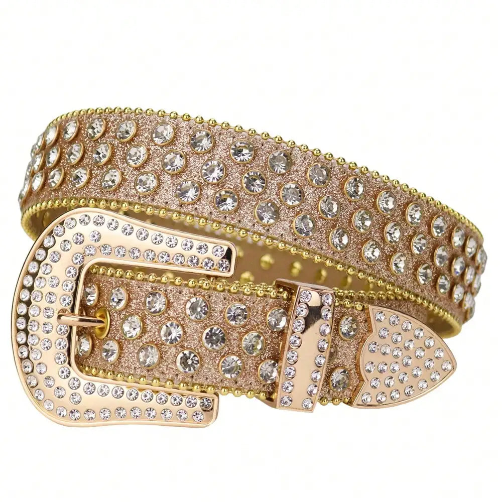 Golden Rhinestone Belt For Men Western Cowboy Cowgirl Bling Bling Crystal Studded Designer Leather Diamond Waist Belt