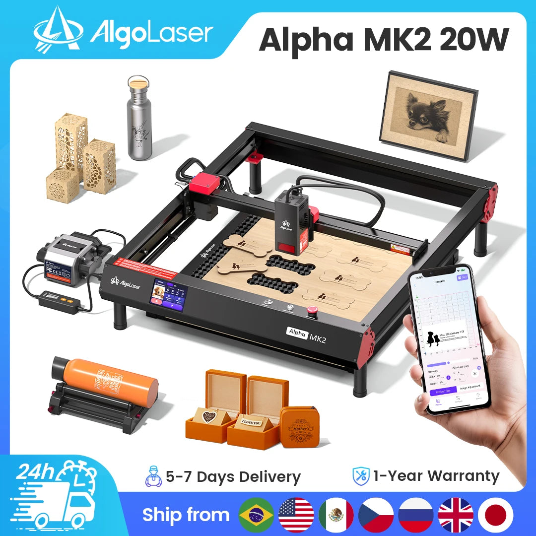 AlgoLaser Alpha MK2 Laser Engraver 20W Powerful Laser Engraving Cutter Machine for Business, 3.5” Touch Screen Offline Control