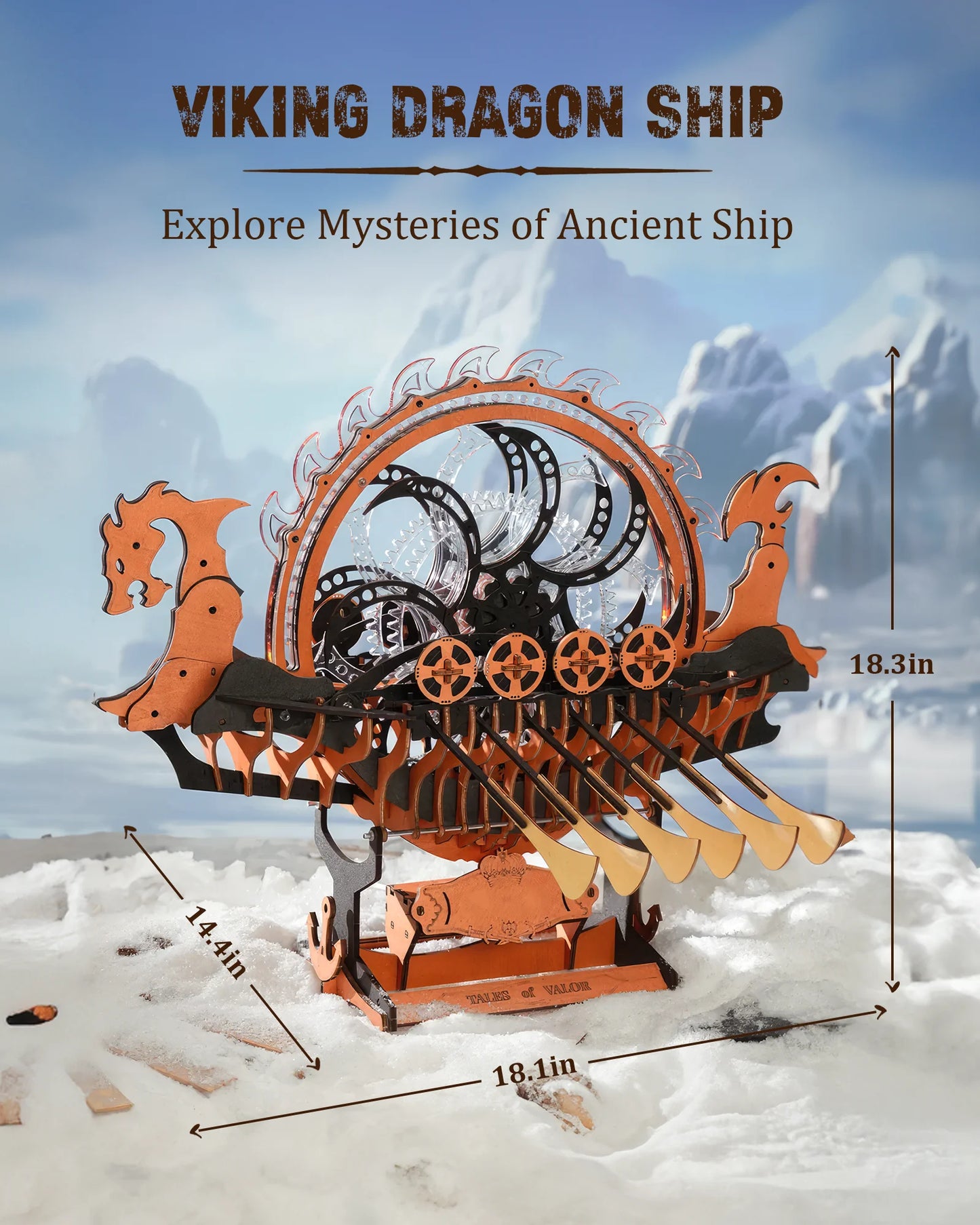 ROKR Wooden 3D Puzzle Viking Dragon Ship Mechanical Model Building Kit for Home Decor 229-Piece Puzzle Toy with LED Light for Bookshelf Decor Gift for Adults Kids