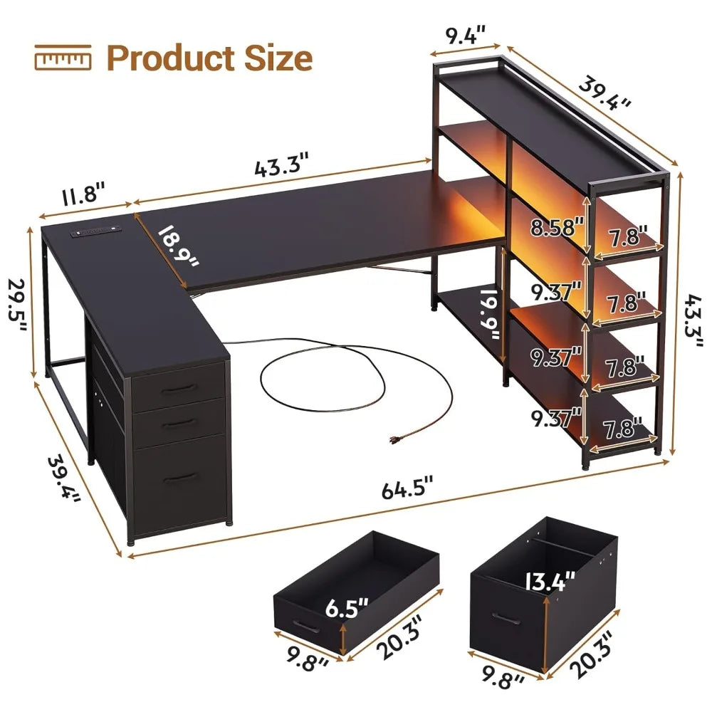 L Shaped Gaming Desk, Reversible U Shaped Computer Desk with Power Outlet and Storage Shelves, Corner Gaming Desk, Customized