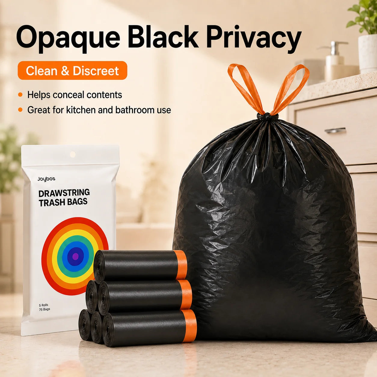 Joybos Easy Pull Drawstring Trash Bags, Thickened PE Kitchen & Bathroom Garbage Bags, 2 Packs 150 Count