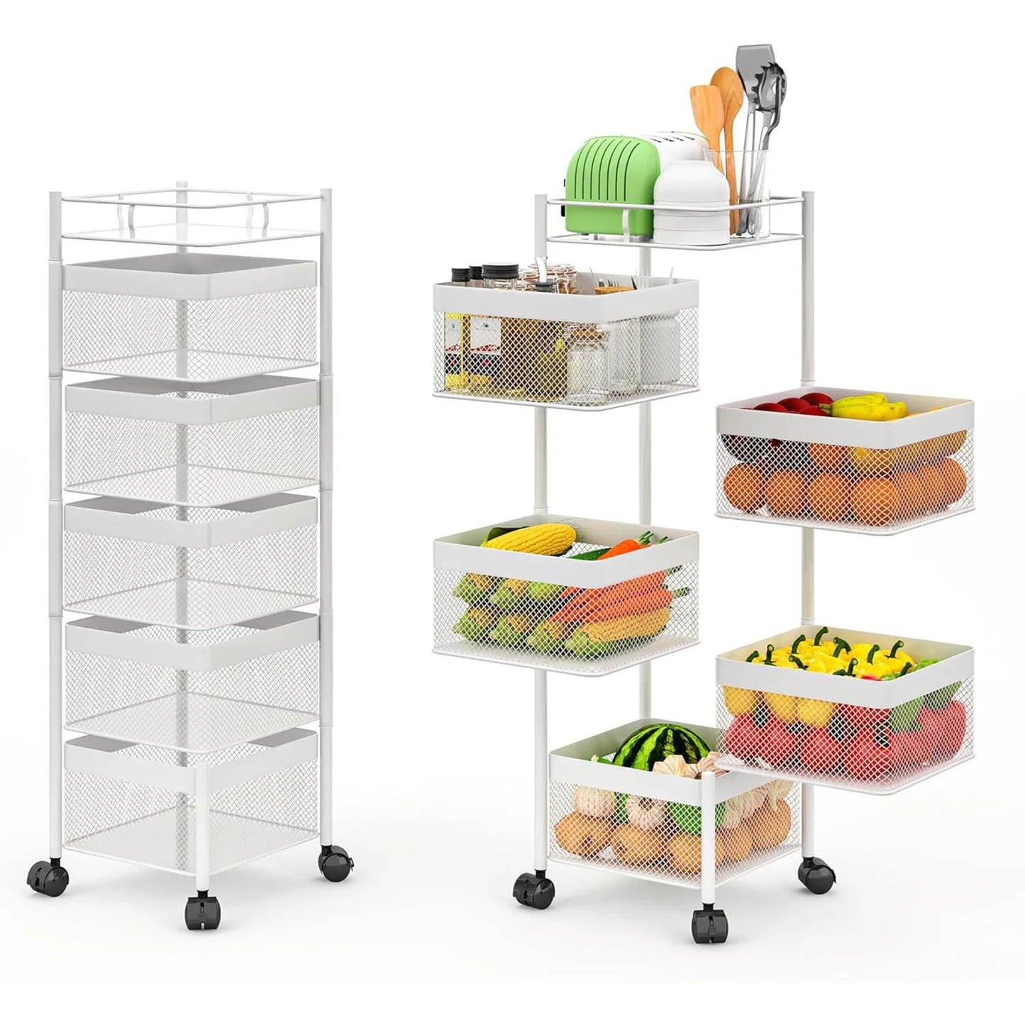 5-Tier Rolling Storage Cart with Rotating Baskets, Fruit & Vegetable Baskets Rotating Snack Rack for Kitchen Bathroom Craft Room