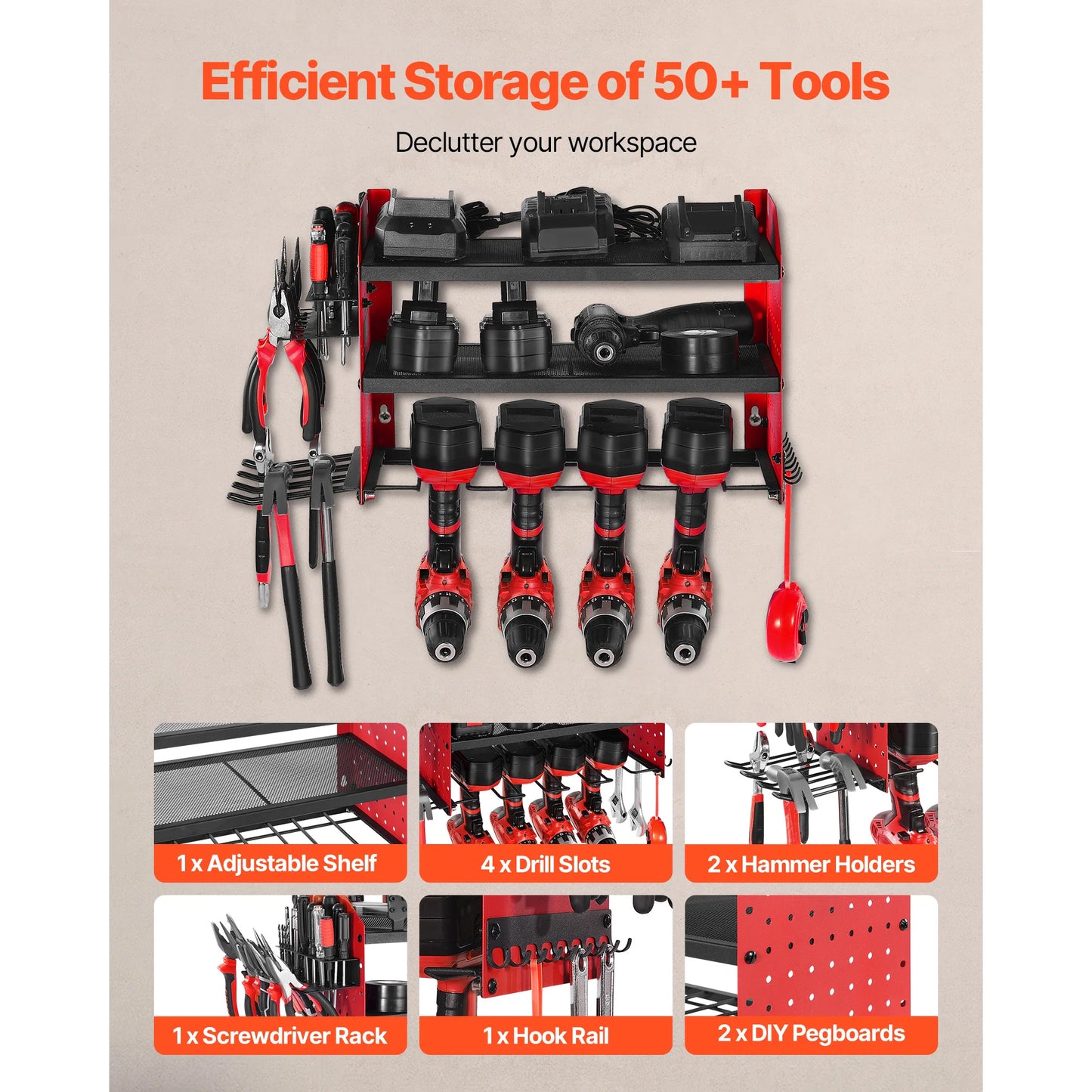 SucceBuy 3-Layer Power Tool Wall Mount Holder Pegboard Wall Storage Tool Set Drill Screwdriver Storage Rack for Workshop/Garage