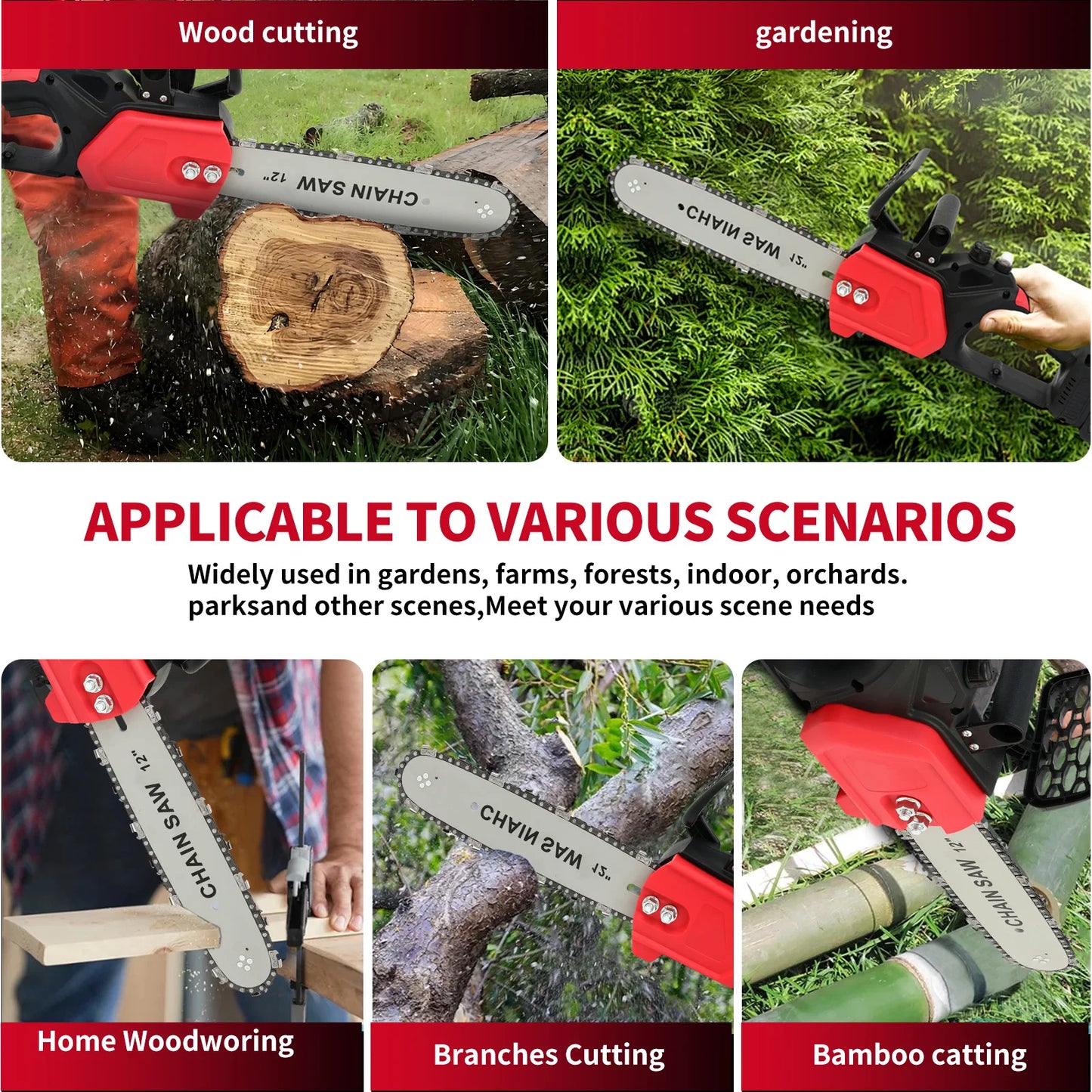 12" Cordless Chainsaw Handheld Electric 1800W 21V Brushless One-Handed Power Tool Two1.5Ah Batteries Tree Branch Wood Cutting