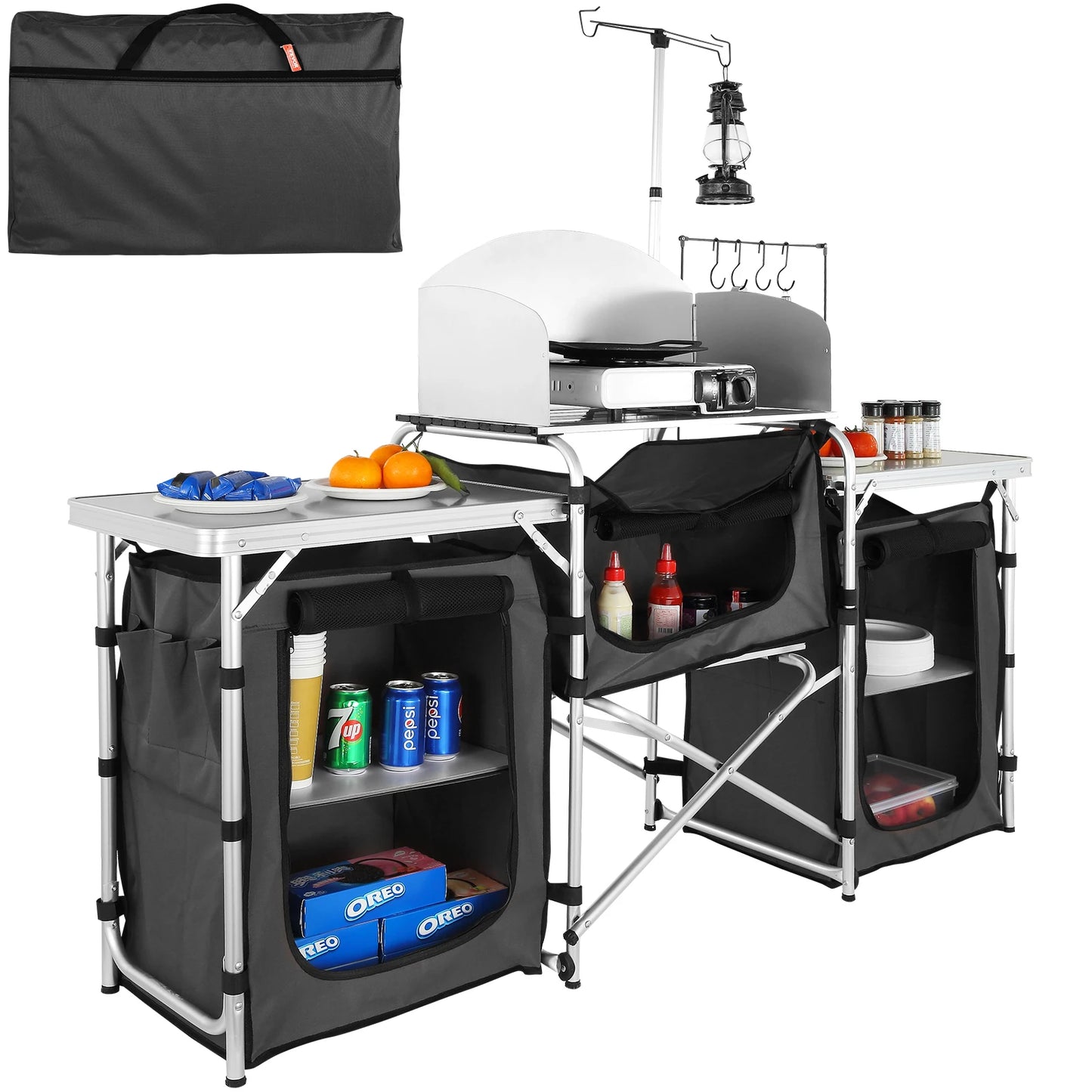 SucceBuy Camping Outdoor Kitchen Table Cabinet Foldable Folding Cooking Storage Rack X-Shaped Aluminum Alloy Bracket for BBQ