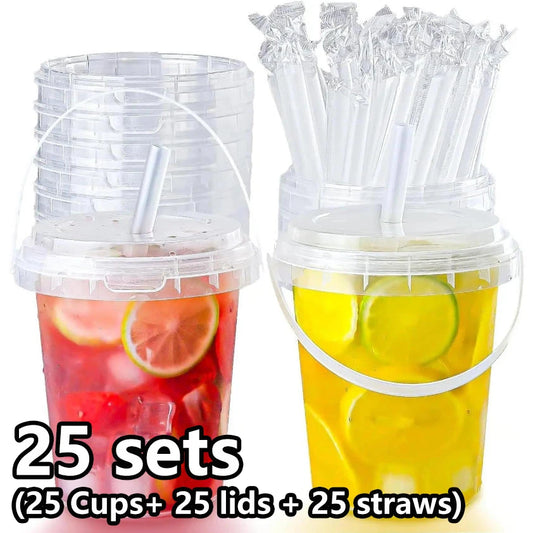 25 sets of 34-ounce plastic cups (with lids and straws) - disposable/reusable large fruit cups, fruit buckets with transparent cups, fruit salads, cold drinks, hot drinks, cakes, ice cream buckets, beach parties, vacations, p