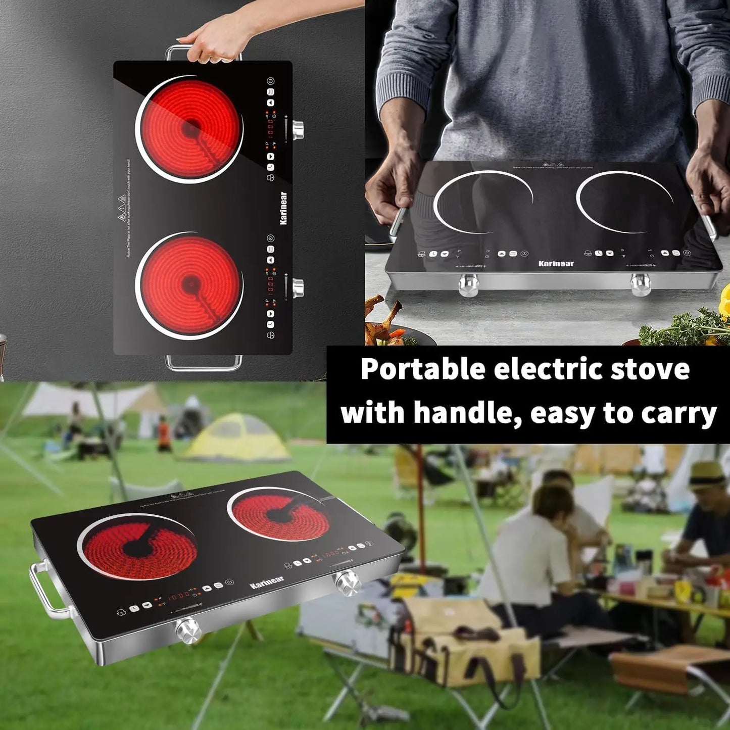 Karinear Ceramic Hob 2 Zones, 3200W Plug in Electric Hob with Safety Lock, Knobs&Touch Control, 56cm Coutertop Freestanding 240V