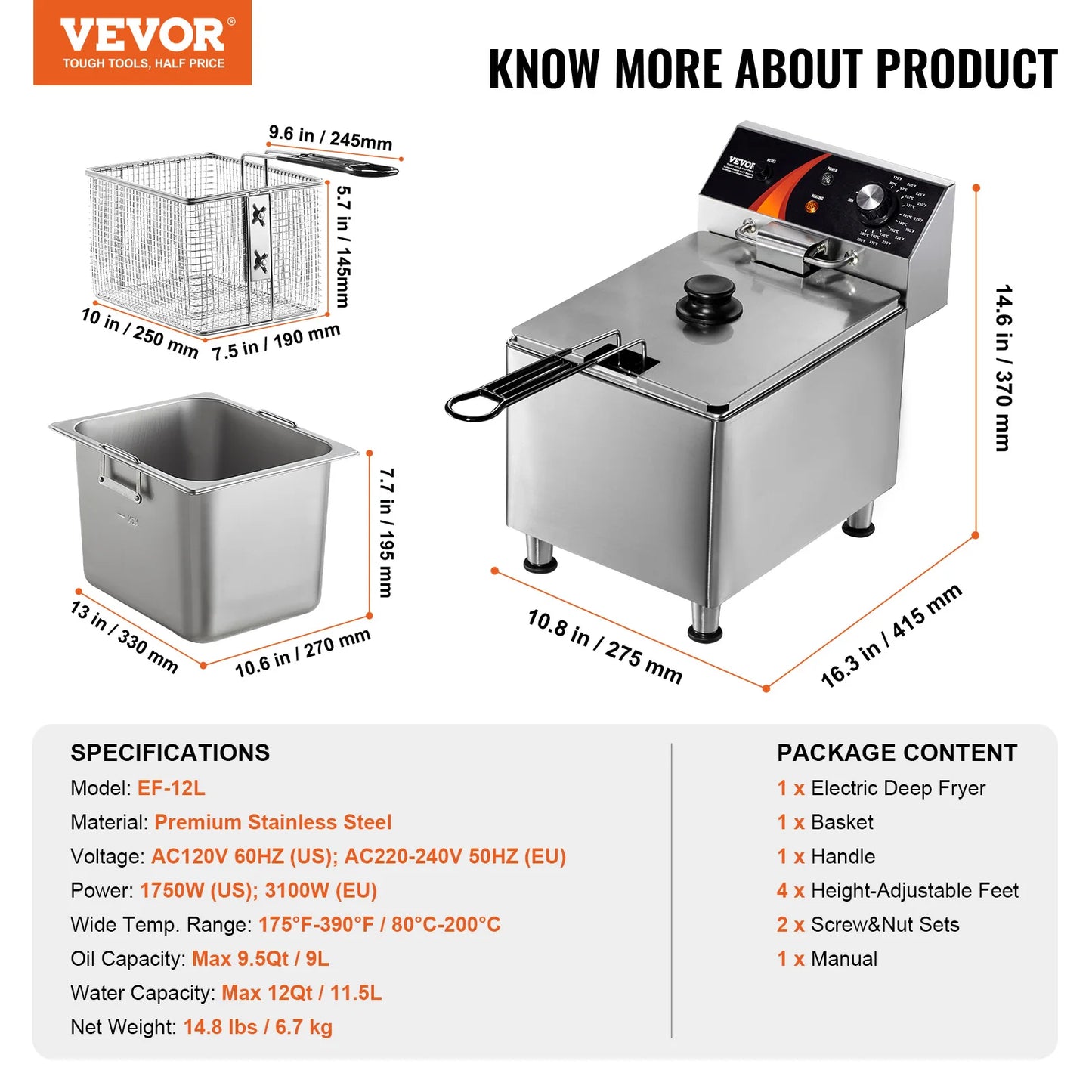 SucceBuy Commercial Deep Fryer Electric Countertop Fryer with Basket 11.6Qt Stainless Steel Single Oil Fryer w/Time&Temp Control