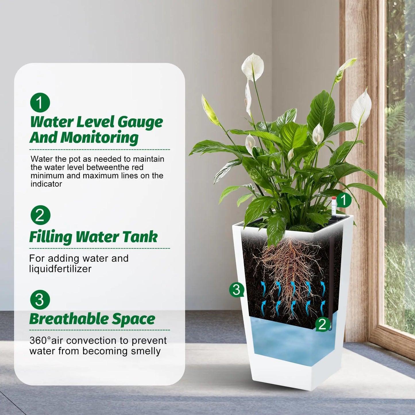 15.7"/22.5" Tall Planters Set Of 2, Self Watering Indoor Outdoor Front Porch Planter Pots With Drainage & Monitor Bucket