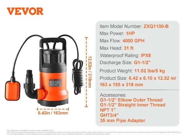 SucceBuy Utility Pump 1HP 4000GPH High Flow 31ft Head Sump Submersible Water Pump with 10ft Long Power Cord for Draining Water