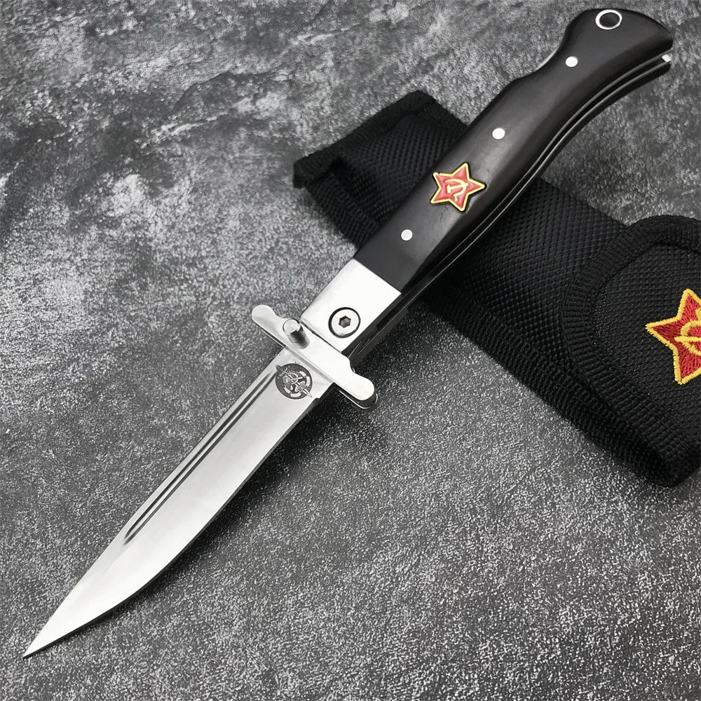 NKVD Tactical Folding Knife, Water Drop Mirror Blade, Beige Resin/Black Ebony Handle, with Nylon Sheath Outdoor Hunting EDC Tool