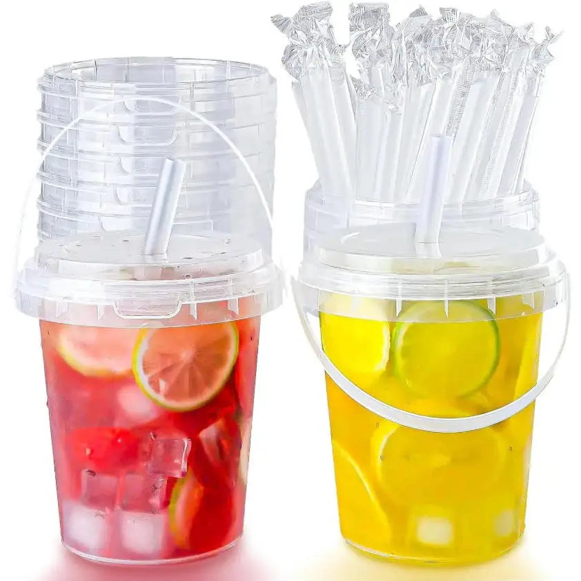 25 sets of 34-ounce plastic cups (with lids and straws) - disposable/reusable large fruit cups, fruit buckets with transparent cups, fruit salads, cold drinks, hot drinks, cakes, ice cream buckets, beach parties, vacations, p