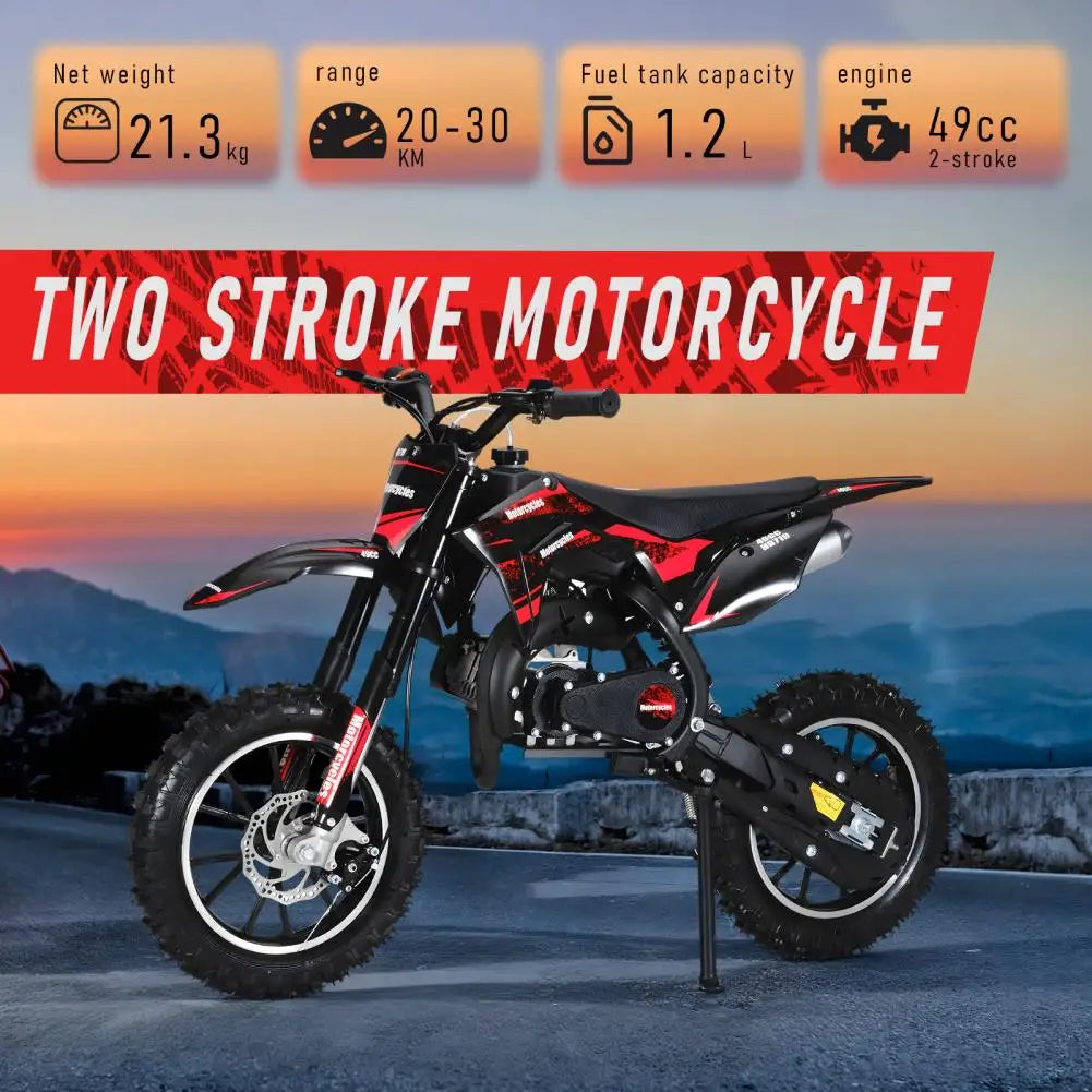 (Maximum load 330lb)Mini 49CC two-stroke gasoline motorcycle, anti-skid tires, front and rear wheel brakes, shock absorbers