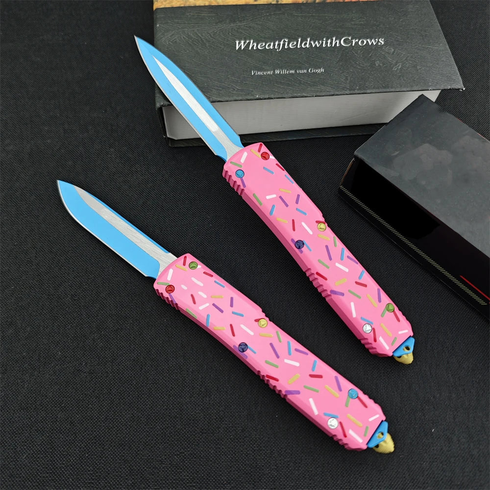Outdoor Tactical Folding Knife 3.46 Inch D2 Blade T6 Aluminum Pink Donut Handle Deep Pocket Clip EDC Camping Hiking Hunting Tool