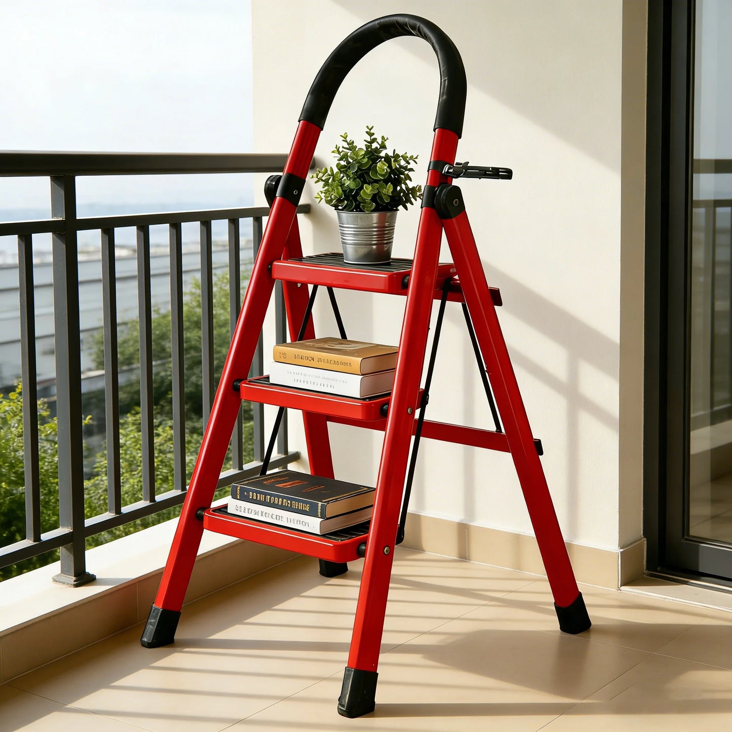 Red 3-Step Foldable Ladder with Tool Shelf & Anti-Slip Foot Pads - Reinforced Steel Frame, Glue Cotton Handle, Compact Storage for Home, Office & DIY Projects