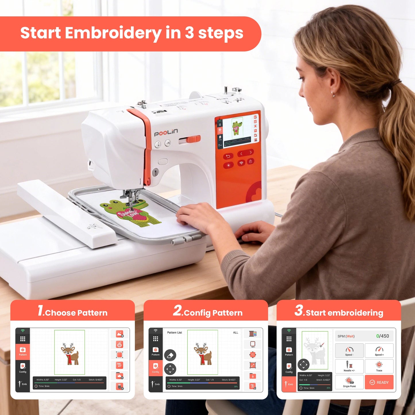 POOLIN EOC03RE Home Computerized Embroidery Machine for Beginners with  4*9.2" large embroidery area size