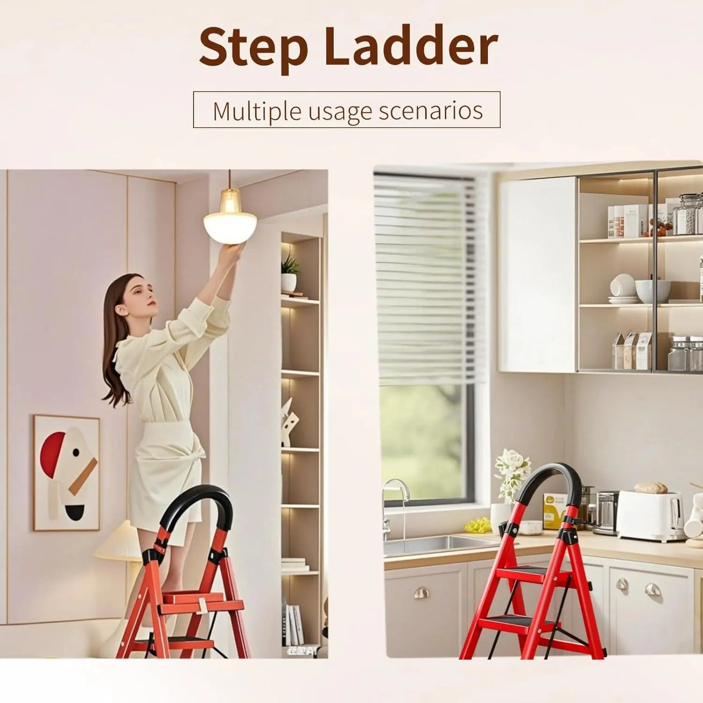 Red 3-Step Foldable Ladder with Tool Shelf & Anti-Slip Foot Pads - Reinforced Steel Frame, Glue Cotton Handle, Compact Storage for Home, Office & DIY Projects
