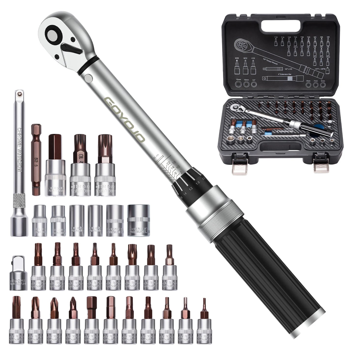 GOYOJO 1/4-Inch Bike Torque Wrench 32PCS (1.5–17.7 Ft-lbs/2-24 N.m) Reversible Head Dual-Scales 1/4 Torque Wrench 72 Tooth ±3% High Accuracy Click Torque Wrench Set For MTB Bicycle Maintenance