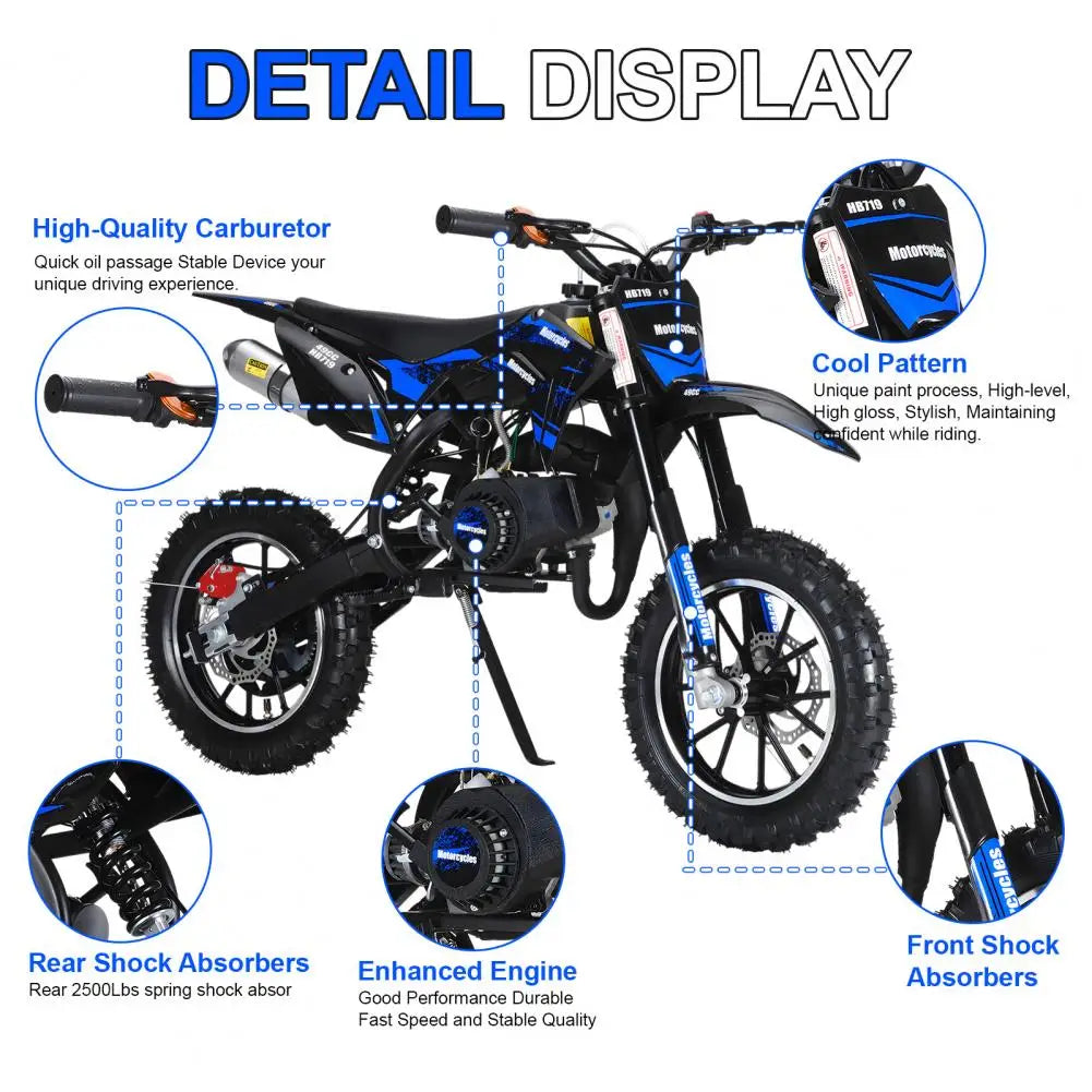 (Maximum load 330lb)Mini 49CC two-stroke gasoline motorcycle, anti-skid tires, front and rear wheel brakes, shock absorbers