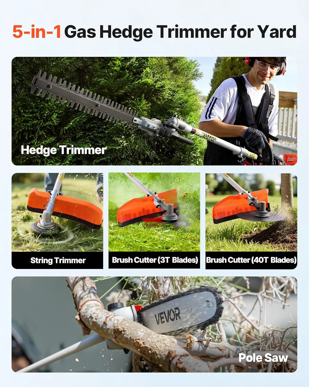 Gas Hedge Trimmer, 2 Cycle Gas Power Handheld Hedge Trimmer, 5-in-1 63cc Cordless Weed Eater with Protective Gear Set