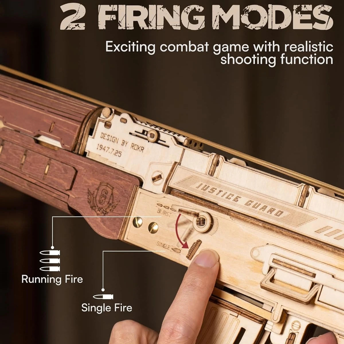 ROKR AK47 wooden rifle model toy, DIY rubber band gun, 3D wooden model assembly kit, single shot/burst mode