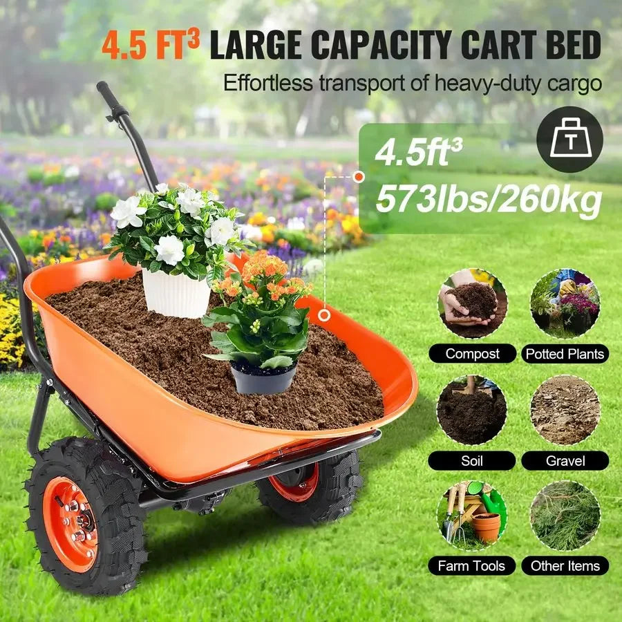 Electric Wheelbarrow Cart, 500W Powered Utility Garden Wagon Dump Cart, 4.5 Cu. Ft. Load amp 573 lbs Capacity with Metal Handle