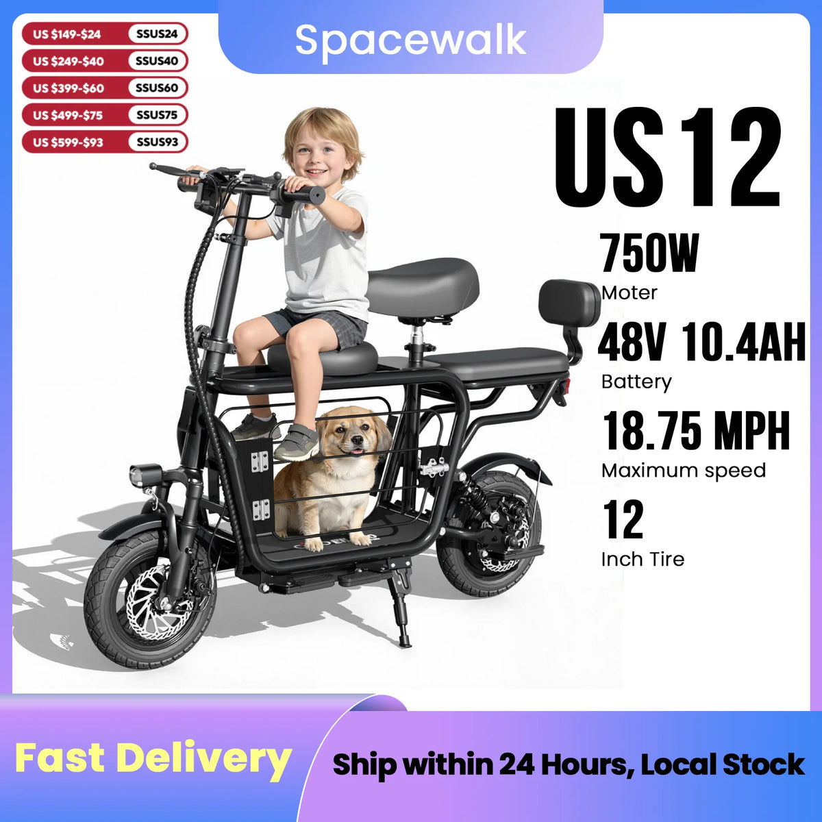 Eilleo Spacewalk 48V Electric Scooter With Seat And Pet Basket